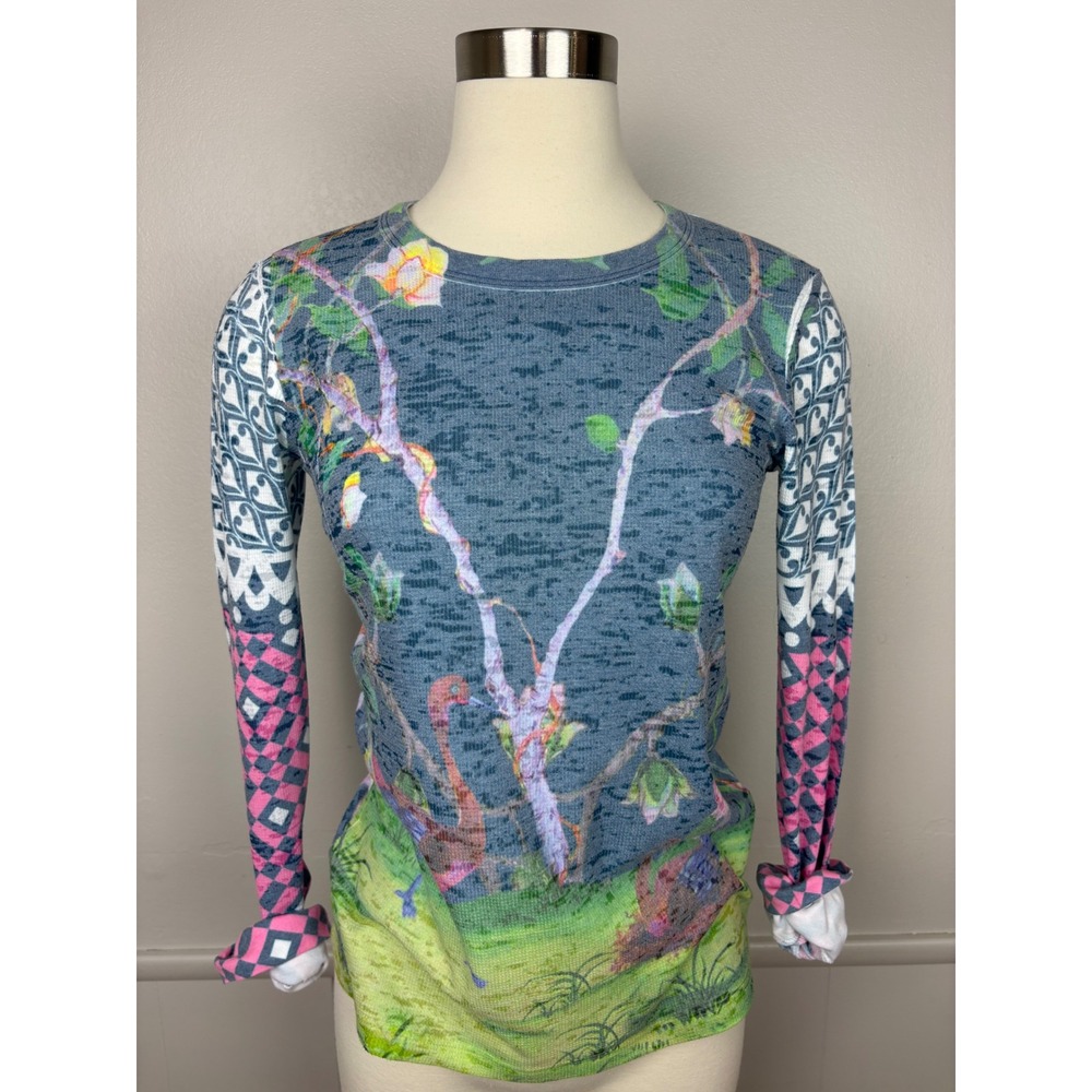 Sundance Whimsy Rose Thermal Top Waffle Knit Sz XS Birds‎ Tropical Watercolor
